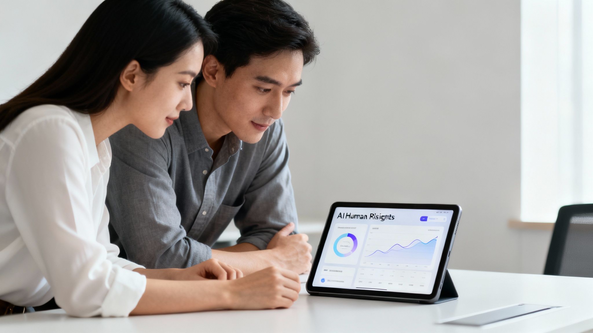 Un diagrama de flujo estratégico en una pantalla digital, que ilustra las fases de implementación de un programa de ética y cumplimiento, con íconos para evaluación de riesgos, integración de tecnología y mejora continua.