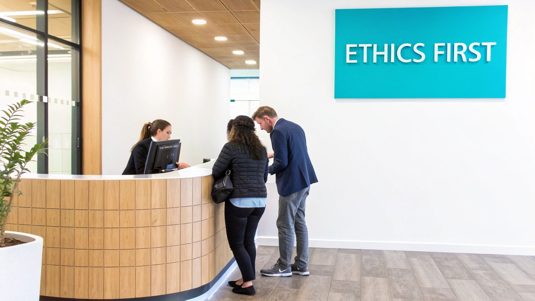 A modern office reception with a female receptionist assisting two visitors, and a 'ETHICS FIRST' sign on the wall.