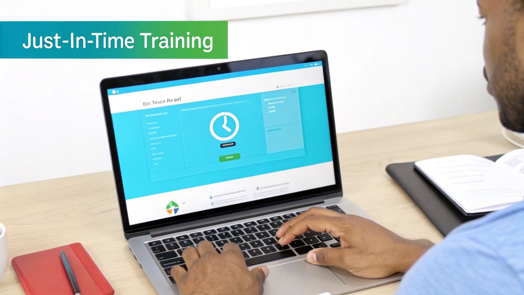 A person types on a laptop showing 'Just-In-Time Training' on its screen at a modern desk.