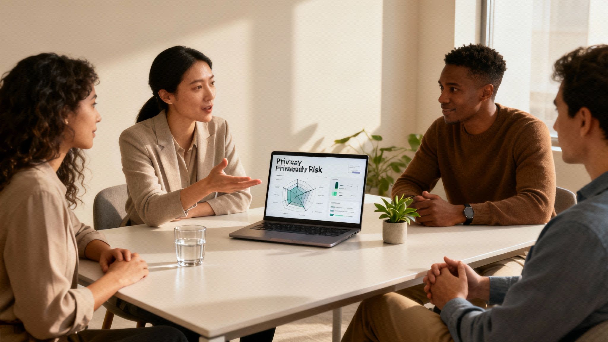 Four diverse professionals discussing a privacy and security risk report on a laptop during a meeting.