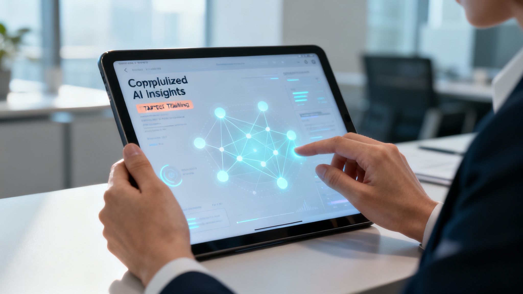 An abstract image of AI data points connecting with human profiles, representing ethical risk analysis.