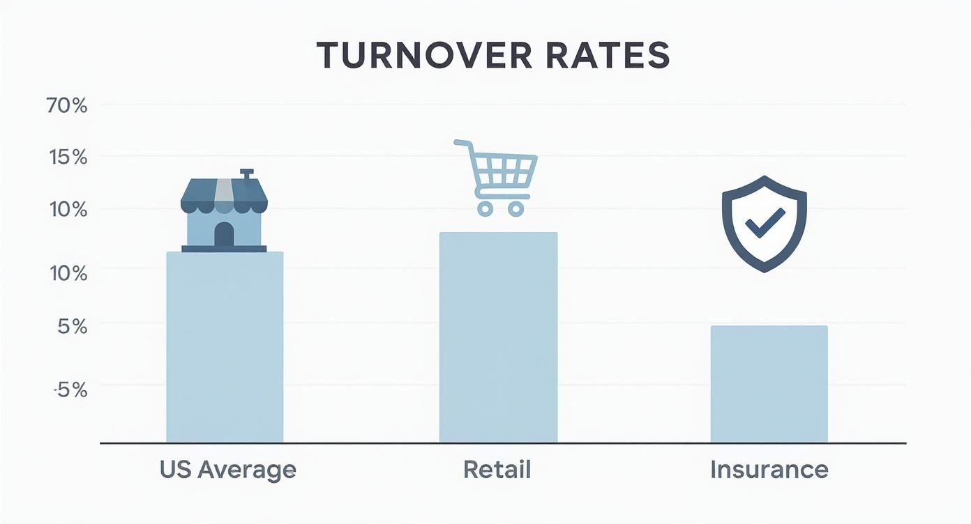 Bar chart illustrating turnover rates across US average, retail, and insurance sectors.