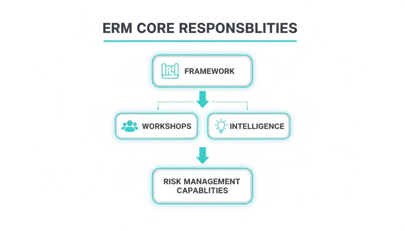 Diagrama de flujo que describe las principales responsabilidades de ERM: el marco conduce a talleres e inteligencia, creando capacidades de gestión de riesgos.