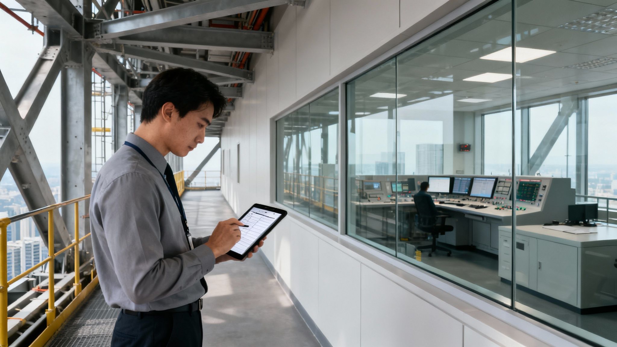 Un hombre asiático con camisa gris usa una tableta en una sala de control de alta tecnología con vistas a la ciudad.