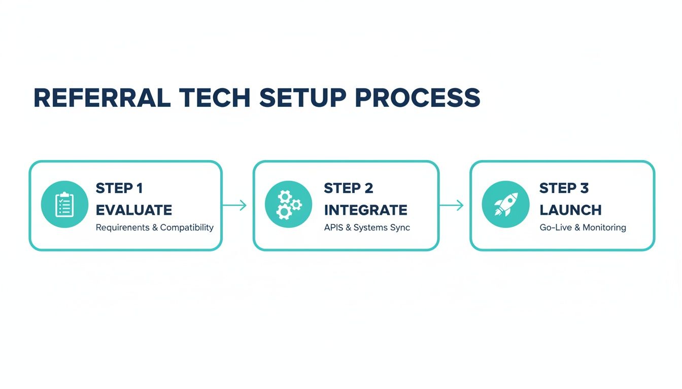 Diagram illustrating the three-step referral tech setup process: evaluate, integrate, and launch stages.