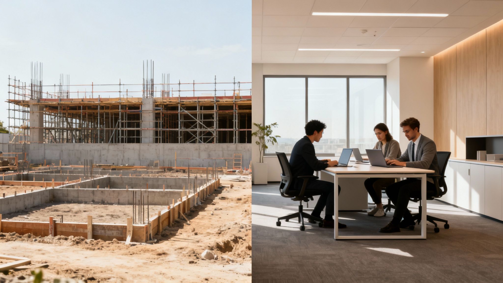 Split image: a construction site with building foundations and scaffolding, and an office with professionals working with laptops.