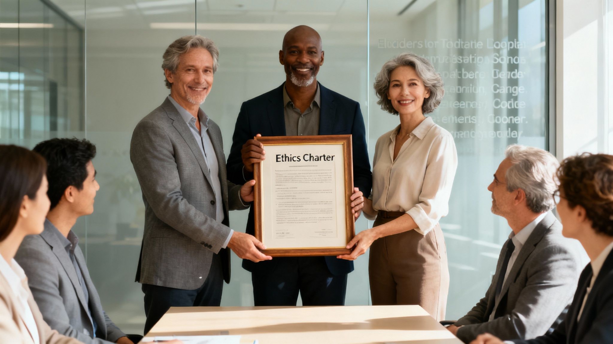 Un grupo de diversos líderes empresariales participaron en un debate serio alrededor de una mesa de conferencias moderna, lo que simboliza el compromiso del liderazgo.