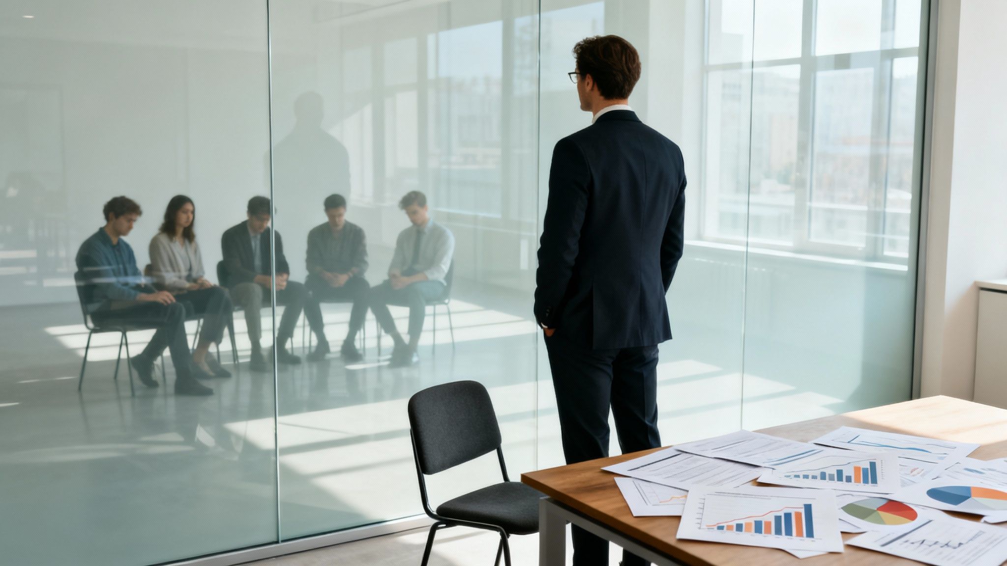 Businessman observes five individuals sitting in a waiting area through a glass wall, charts on desk.