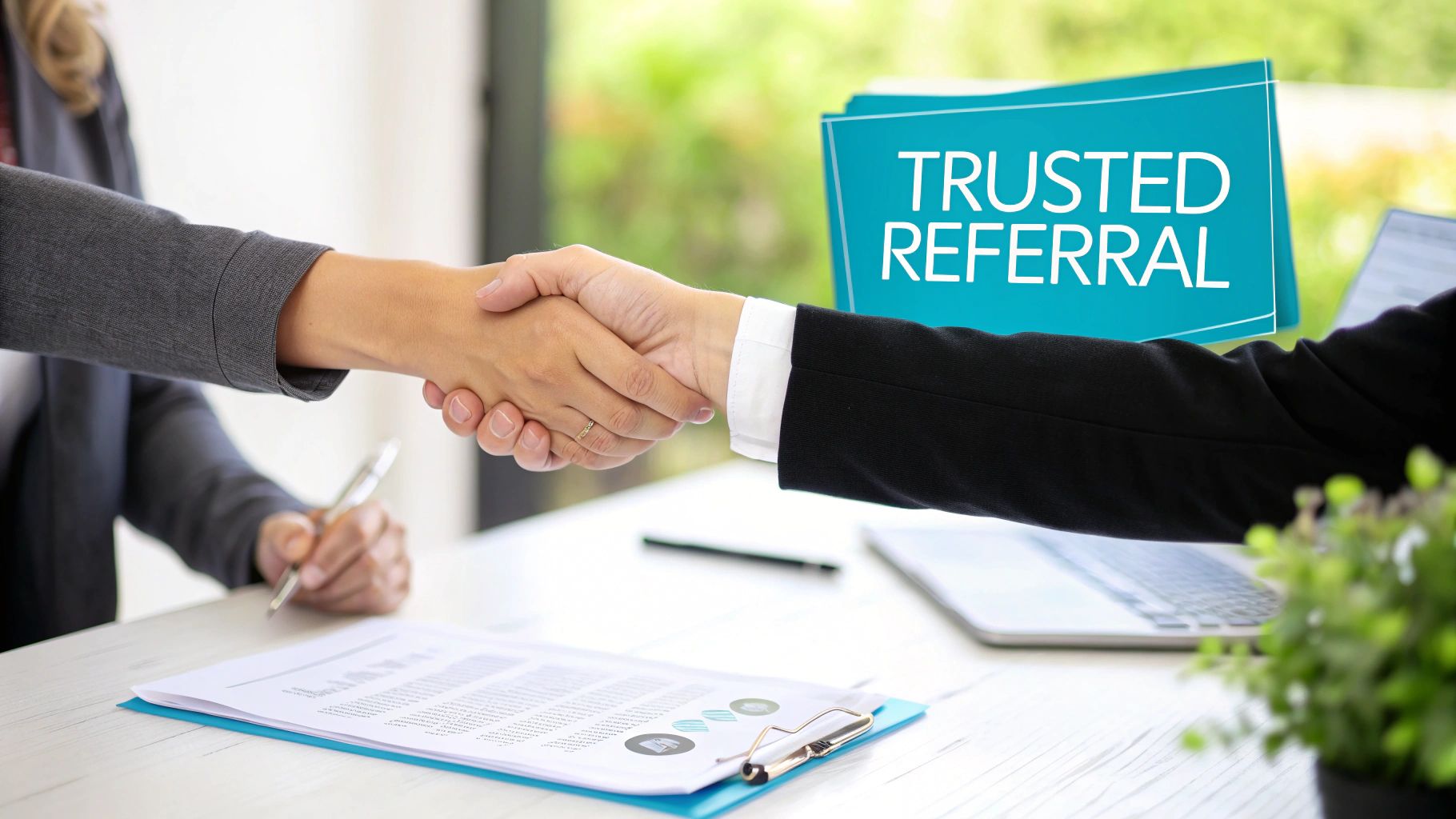 Two business people shake hands over a desk with documents and a laptop, with a "TRUSTED REFERRAL" graphic.