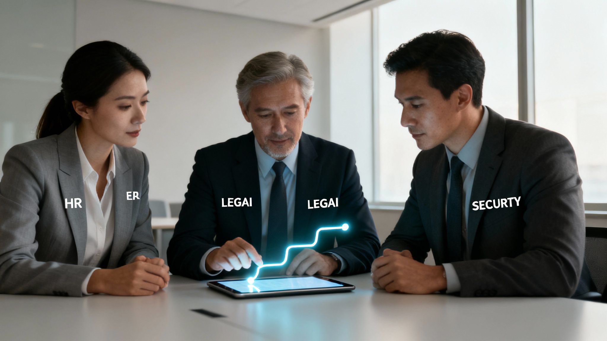 Three business professionals analyze an upward trend on a tablet, indicating growth in HR, Legal, and Security.