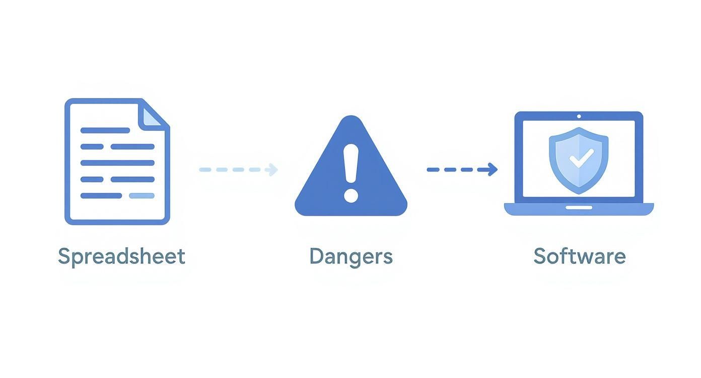A diagram shows a spreadsheet leading to dangers, then mitigated by secure software with a shield.