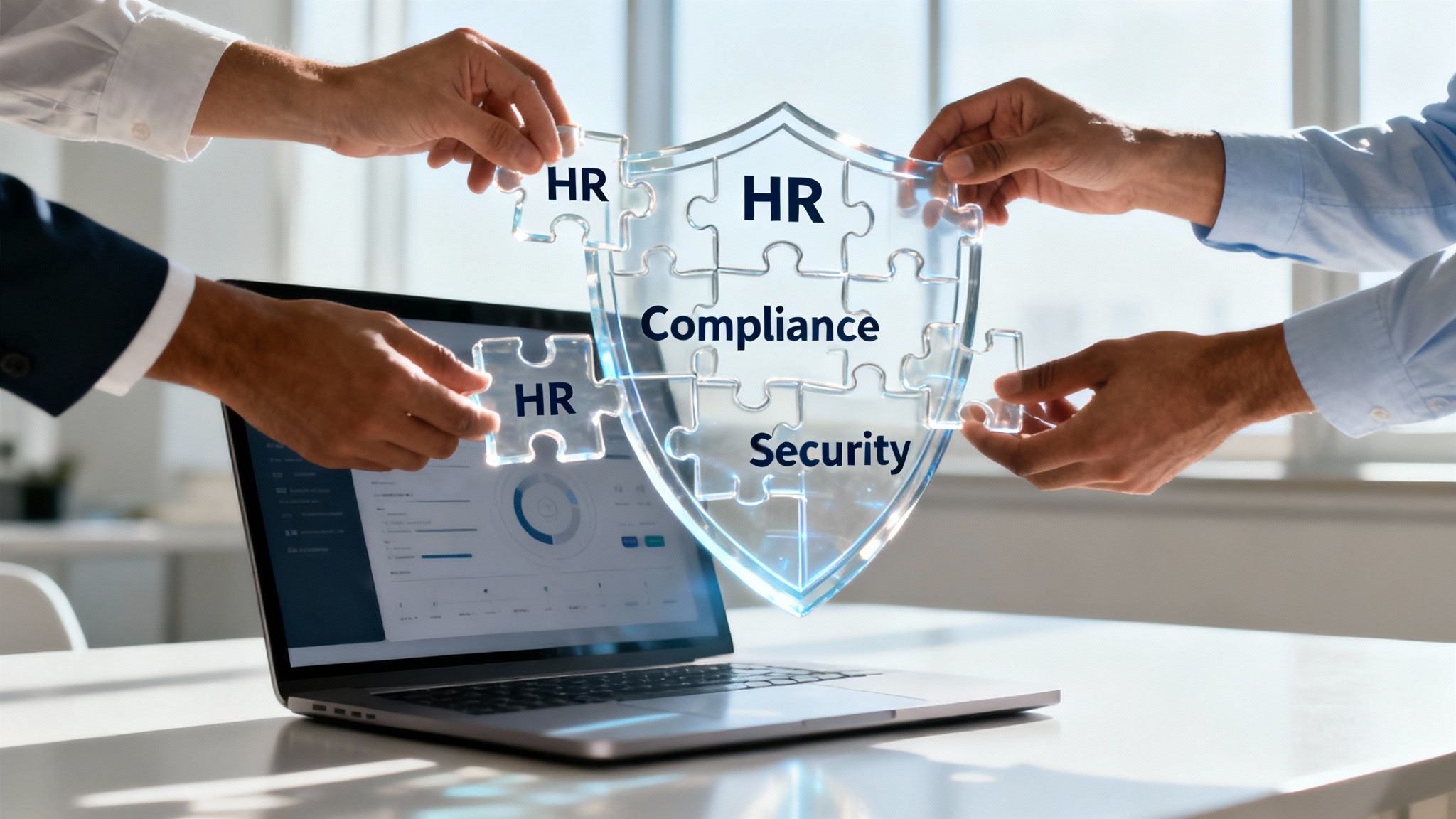 Four people assemble a transparent shield puzzle with HR, Compliance, and Security over a laptop.