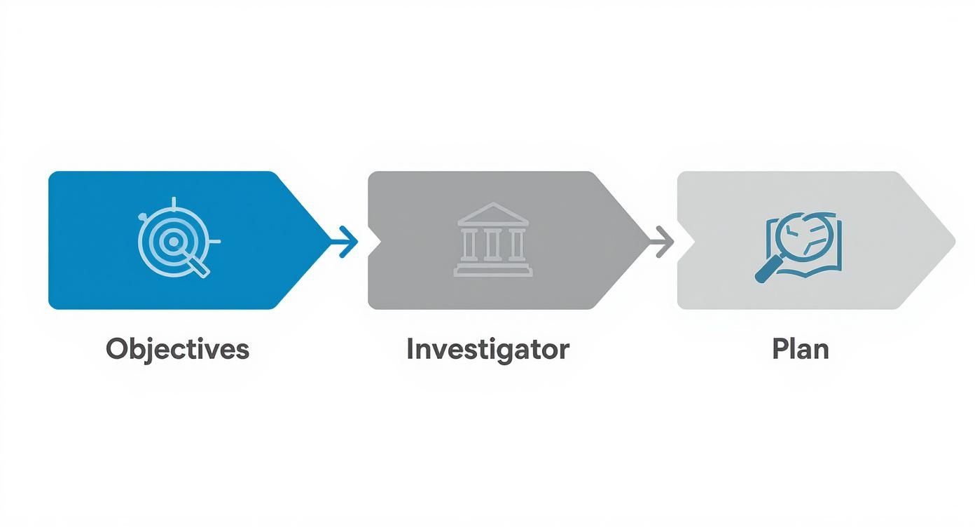 A three-step horizontal process flow with icons for objectives, investigator, and plan.