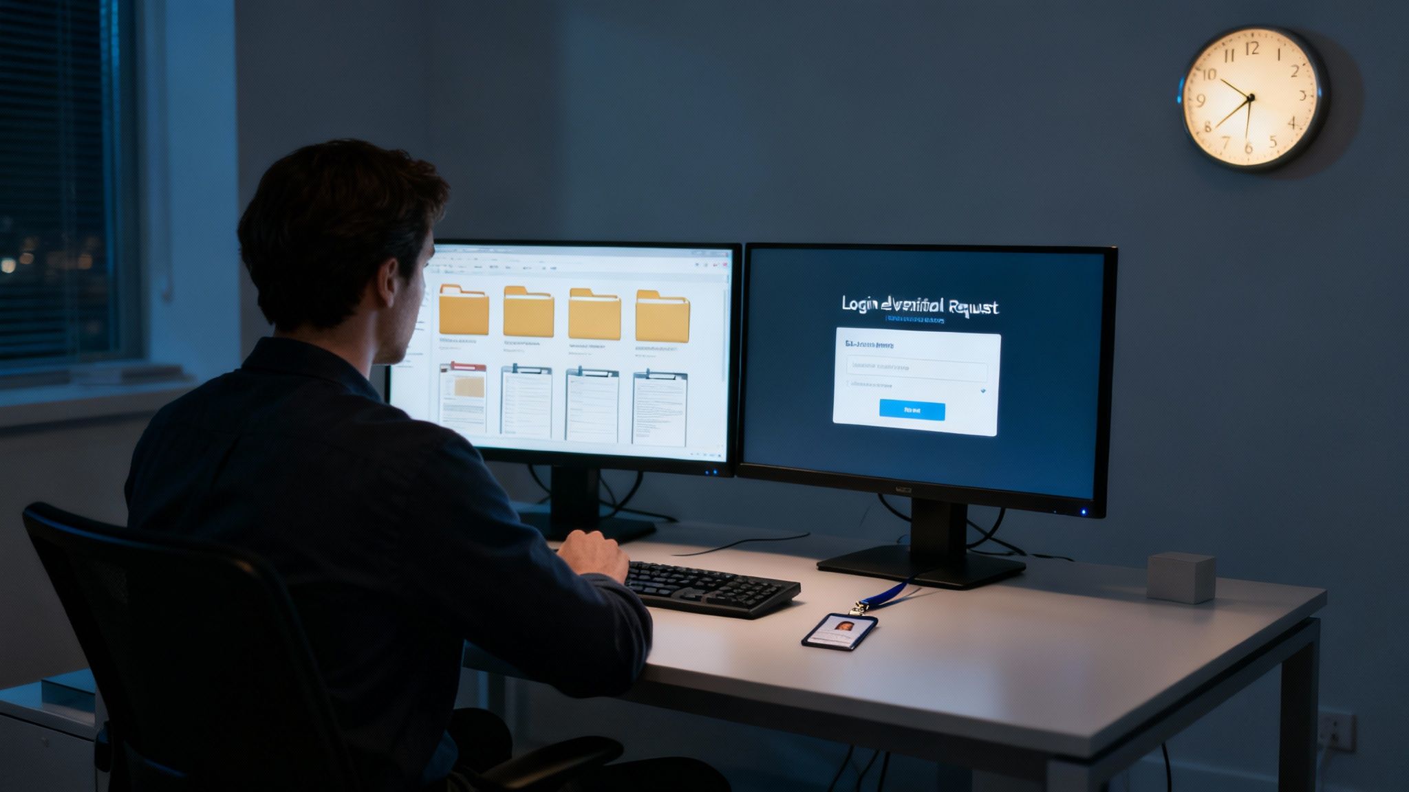 Un hombre en una oficina oscura trabaja con dos monitores de computadora, uno de los cuales muestra una solicitud de inicio de sesión.