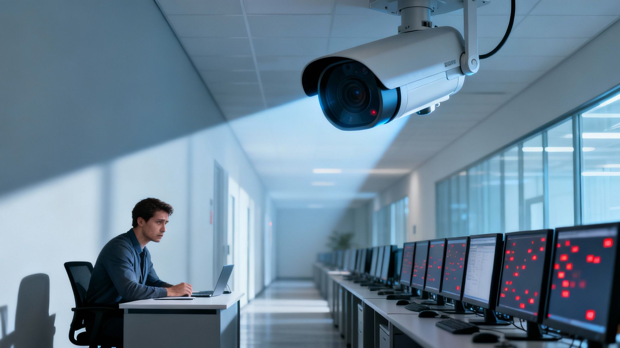 Man works on laptop under a surveillance camera, with multiple screens showing data alerts.