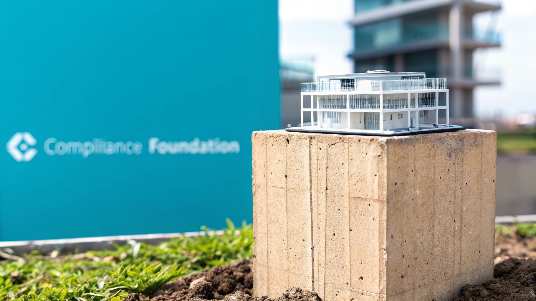 A miniature white building model sits on a concrete block next to a 'Compliance Foundation' sign.