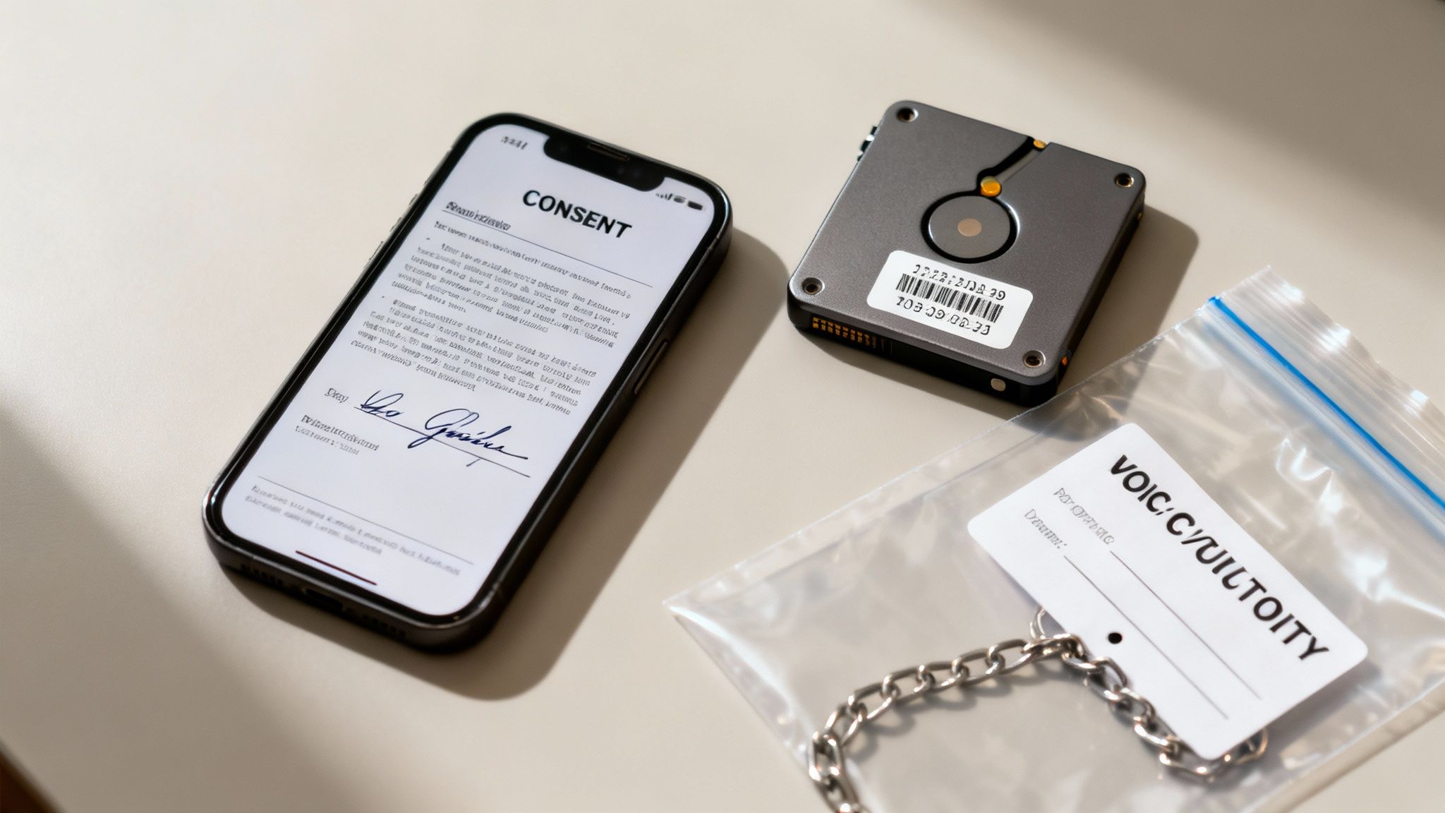 A smartphone displaying a signed consent form, a data storage device, and an evidence bag with a chain, on a light surface.