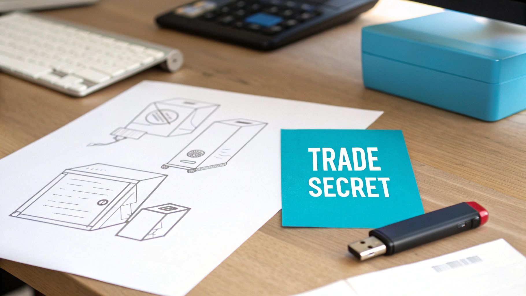 Desk scene with design sketches, a 'TRADE SECRET' note, USB drive, and office items, highlighting confidentiality.