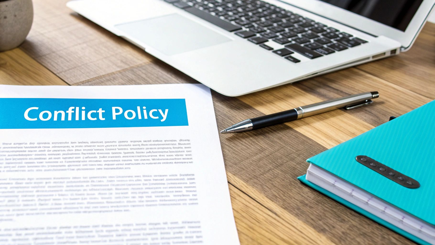 A document titled &#39;Conflict Policy&#39; on a wooden desk with a laptop, pen, and a turquoise notebook.