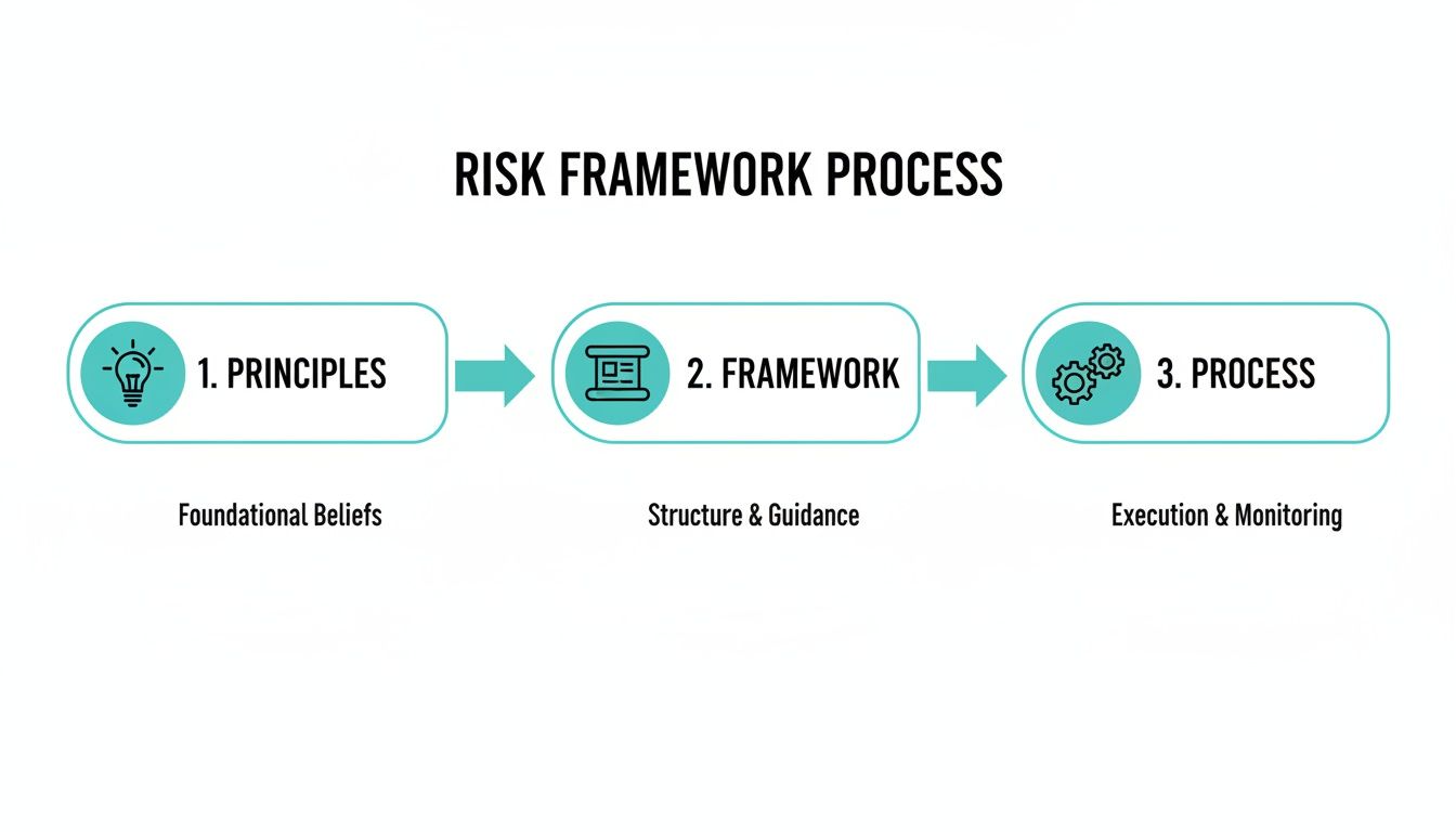 Infografía que muestra los tres pasos de un proceso de marco de riesgo: Principios, Marco y Proceso.