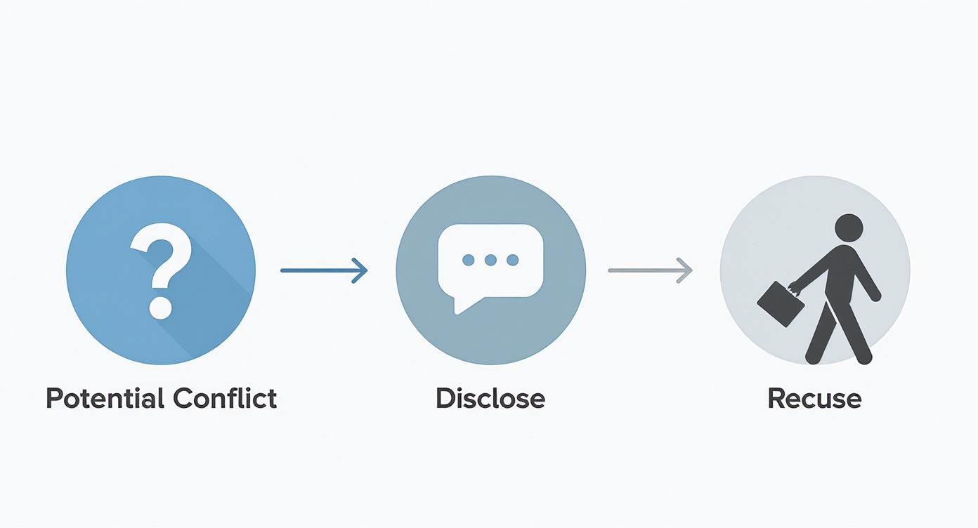 A three-step process shows how to handle a potential conflict: identify, disclose, and recuse.