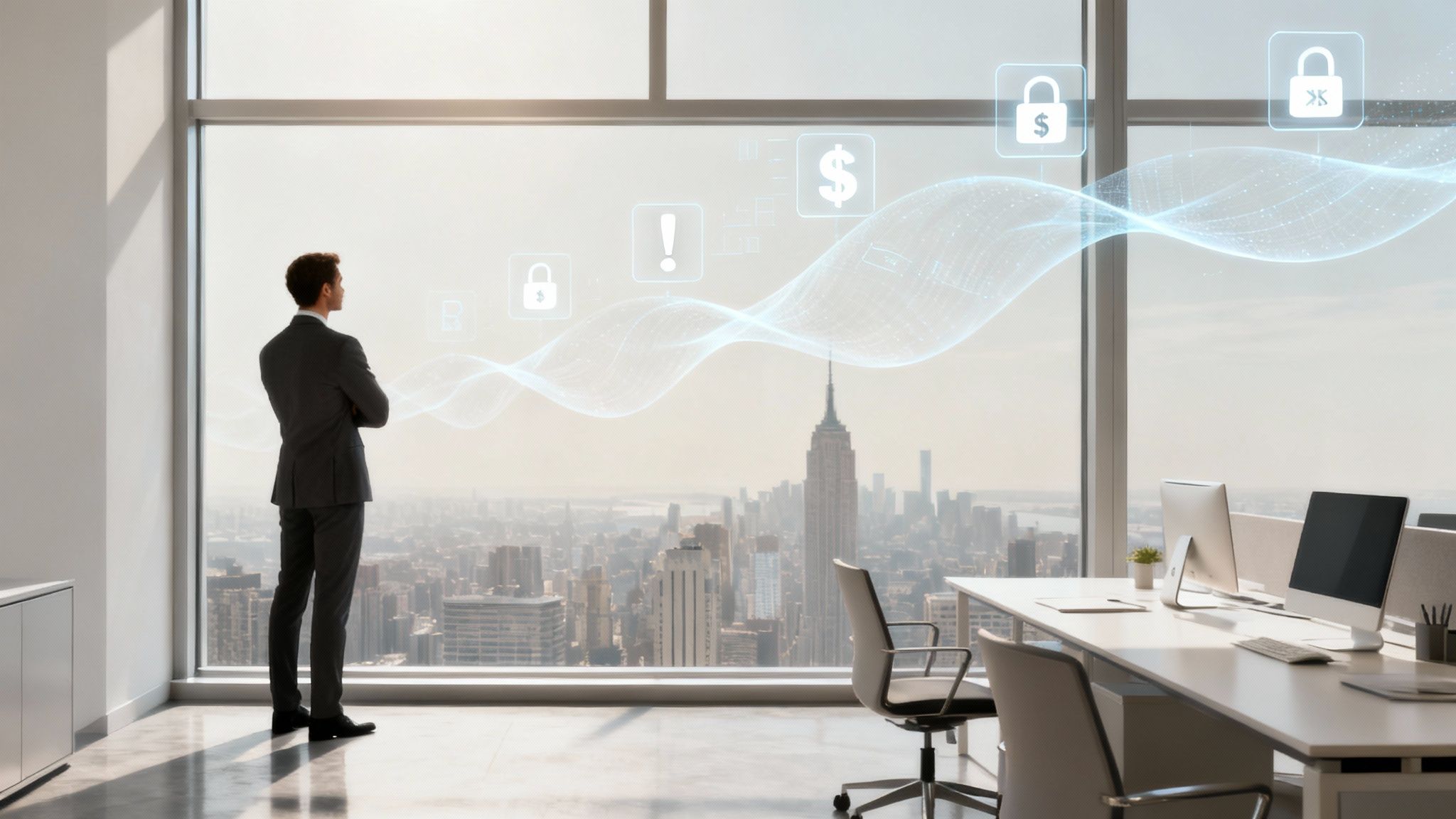 Um empresário em um escritório moderno contempla a silhueta de uma cidade pontilhada por ícones de segurança digital.