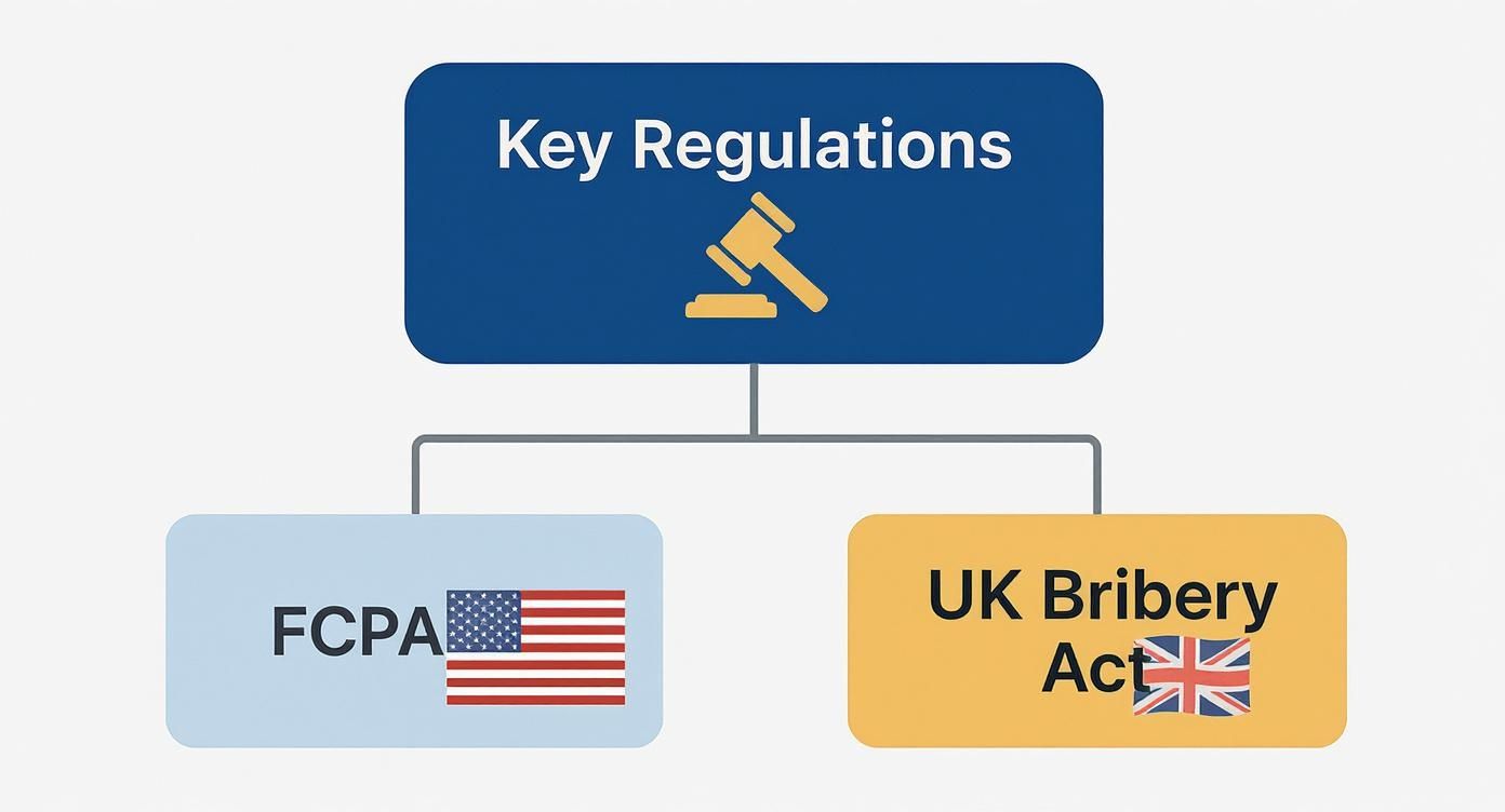 Diagram illustrating key anti-bribery regulations: FCPA (USA) and UK Bribery Act (UK).