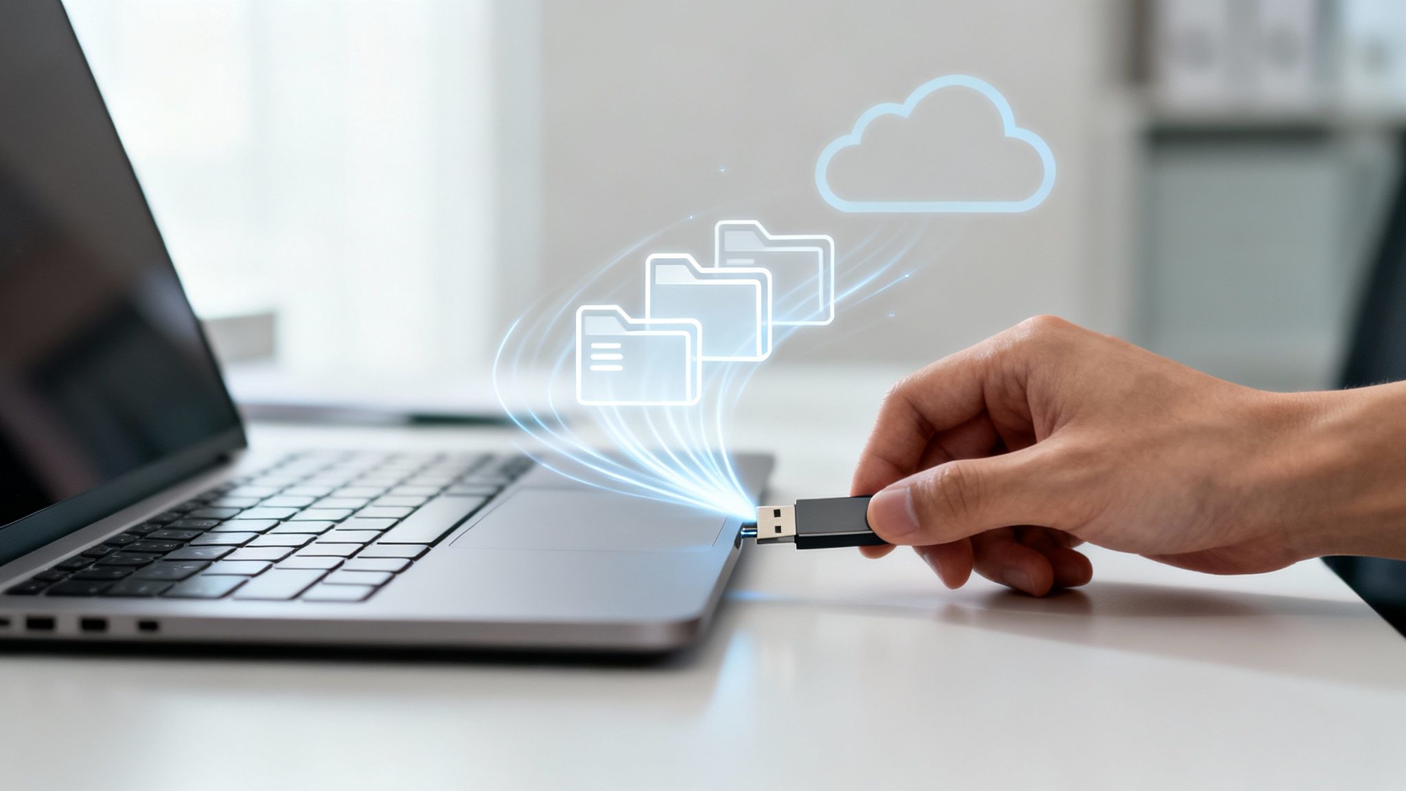 Una mano inserta una unidad flash USB en una computadora portátil y los datos se transfieren a carpetas en la nube.