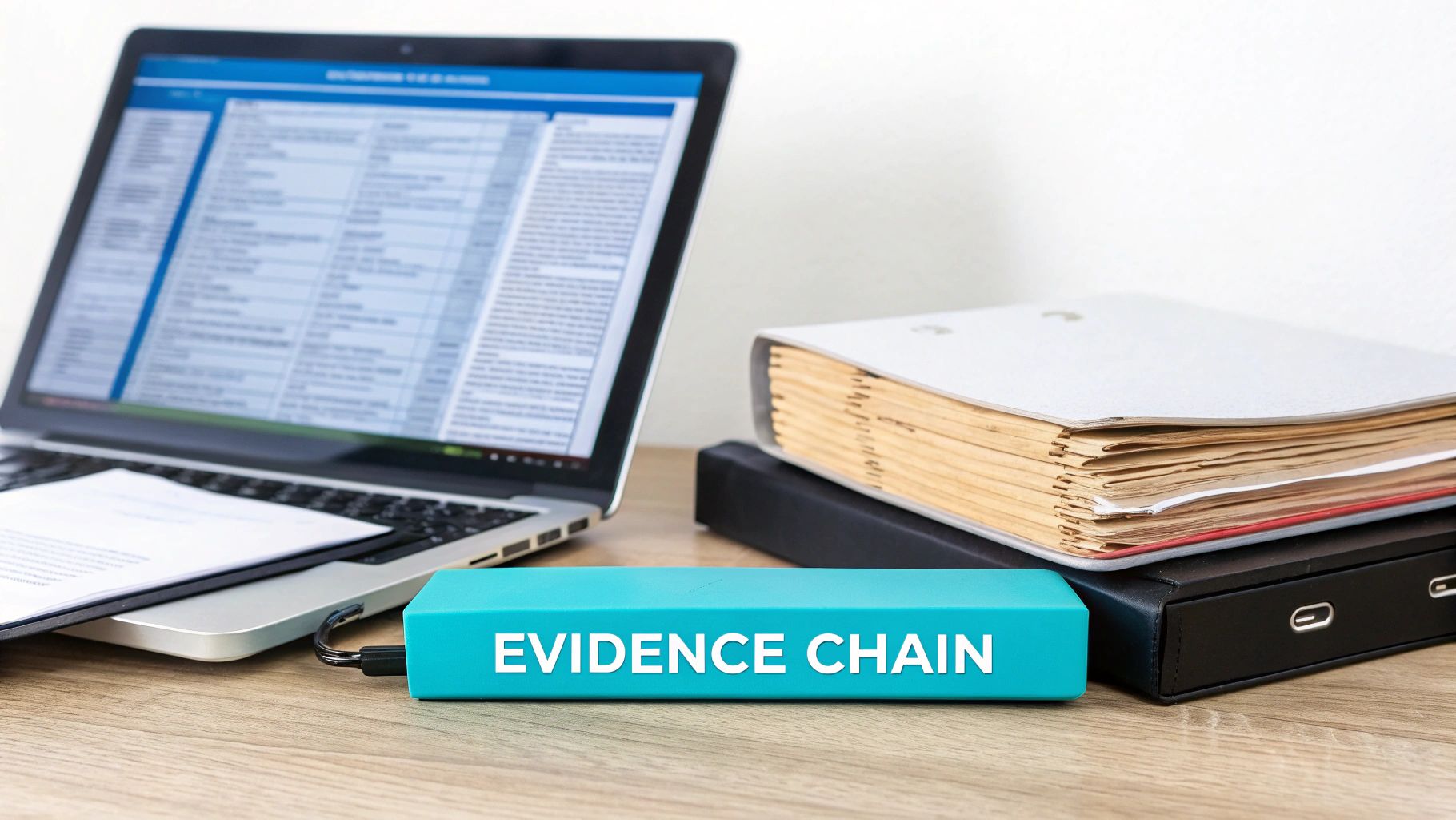 A laptop displays data, with an 'EVIDENCE CHAIN' external drive and file binders on a wooden desk.