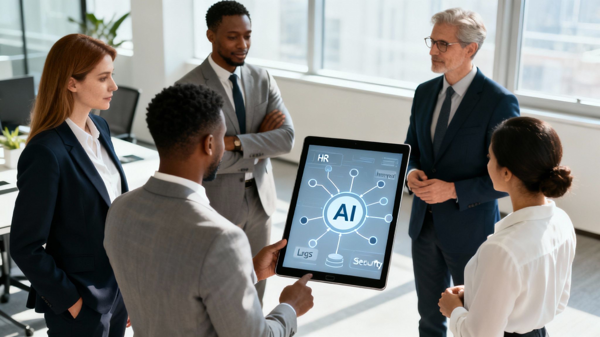Diverse business professionals discuss artificial intelligence on a tablet in a modern office.