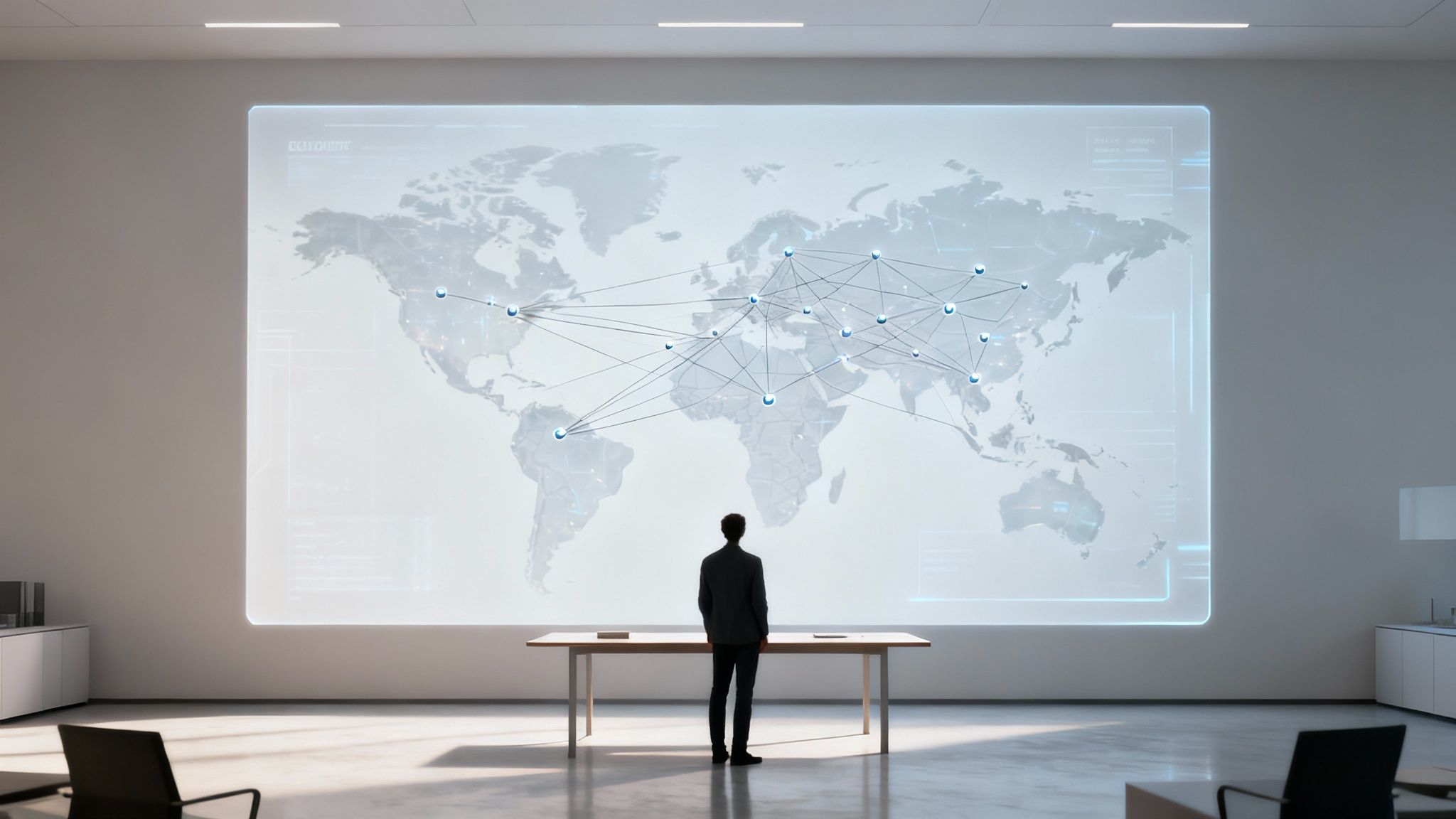 Una persona se encuentra frente a una pantalla grande que muestra un mapa del mundo con una red global.