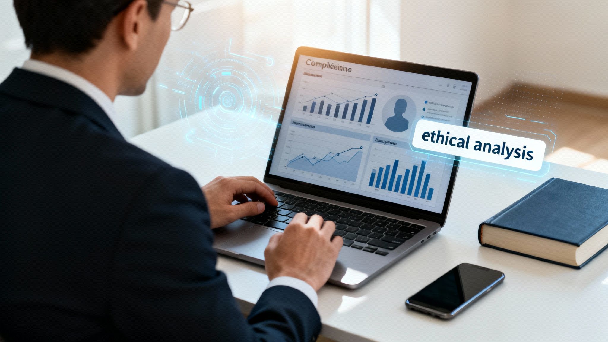 A man in a suit types on a laptop displaying data charts, with a digital &#39;ethical analysis&#39; overlay.