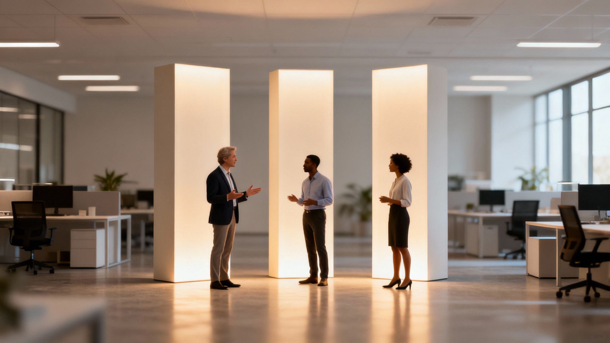 Business colleagues engage in conversation amidst illuminated architectural elements in a contemporary office.