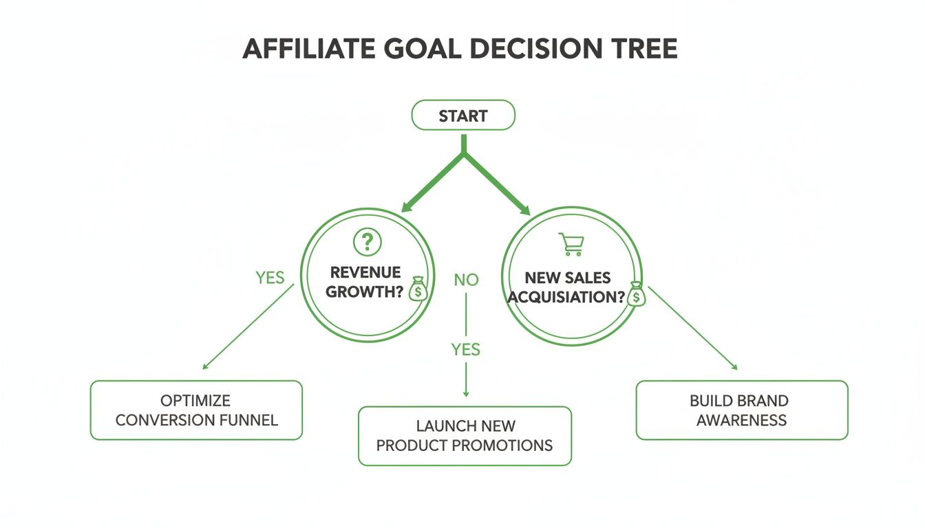 Affiliate marketing decision tree showing paths for revenue growth, new sales acquisition, and brand awareness.