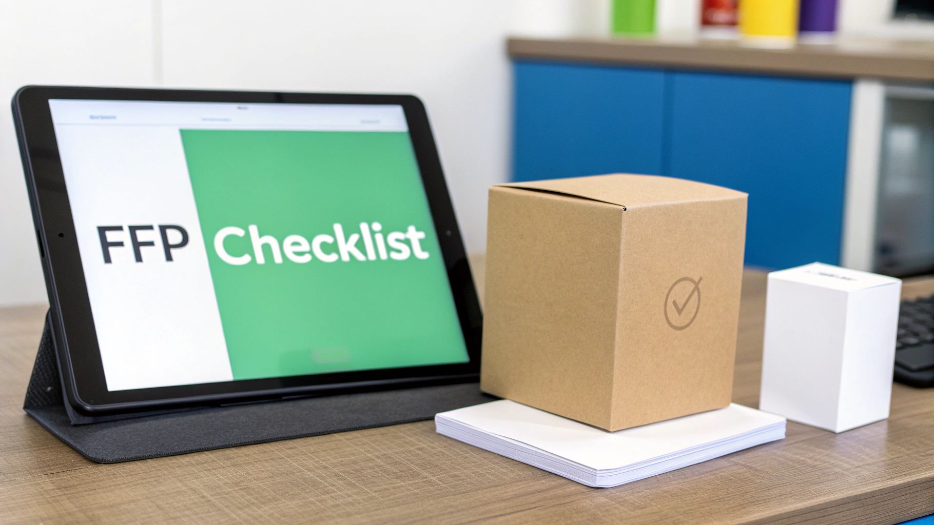 A tablet displays an FFP Checklist next to cardboard and white packaging boxes on a wooden desk.