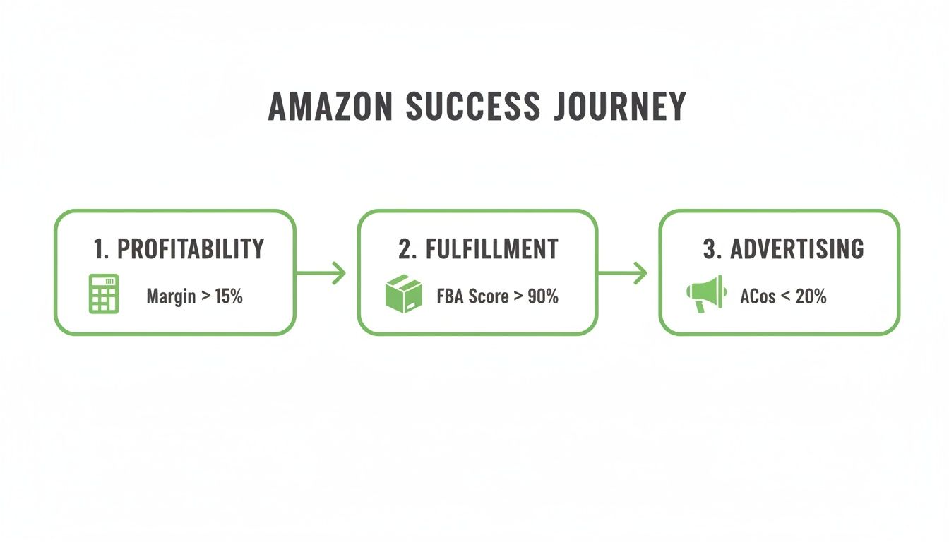 A flowchart outlines the Amazon success journey, detailing profitability, fulfillment, and advertising steps with key metrics.