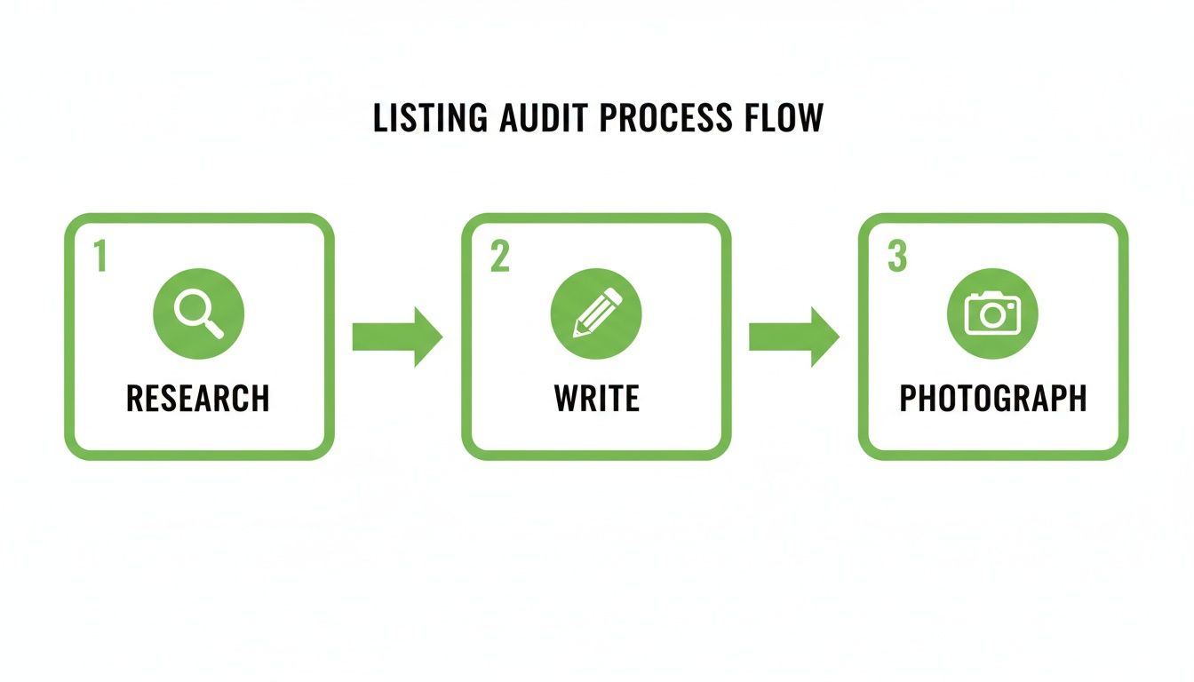 Flowchart illustrating the listing audit process steps: research, write, and photograph.