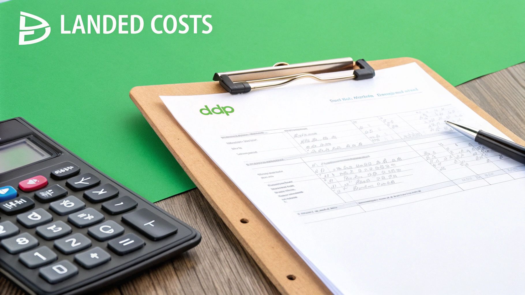 A calculator, pen, and clipboard with a document on a desk, illustrating landed cost calculations.