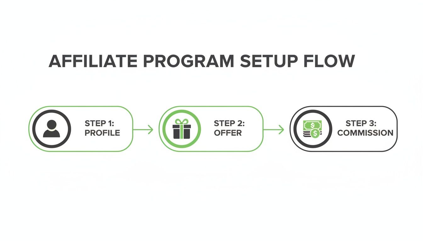 A three-step diagram outlining the affiliate program setup process: Profile, Offer, and Commission.