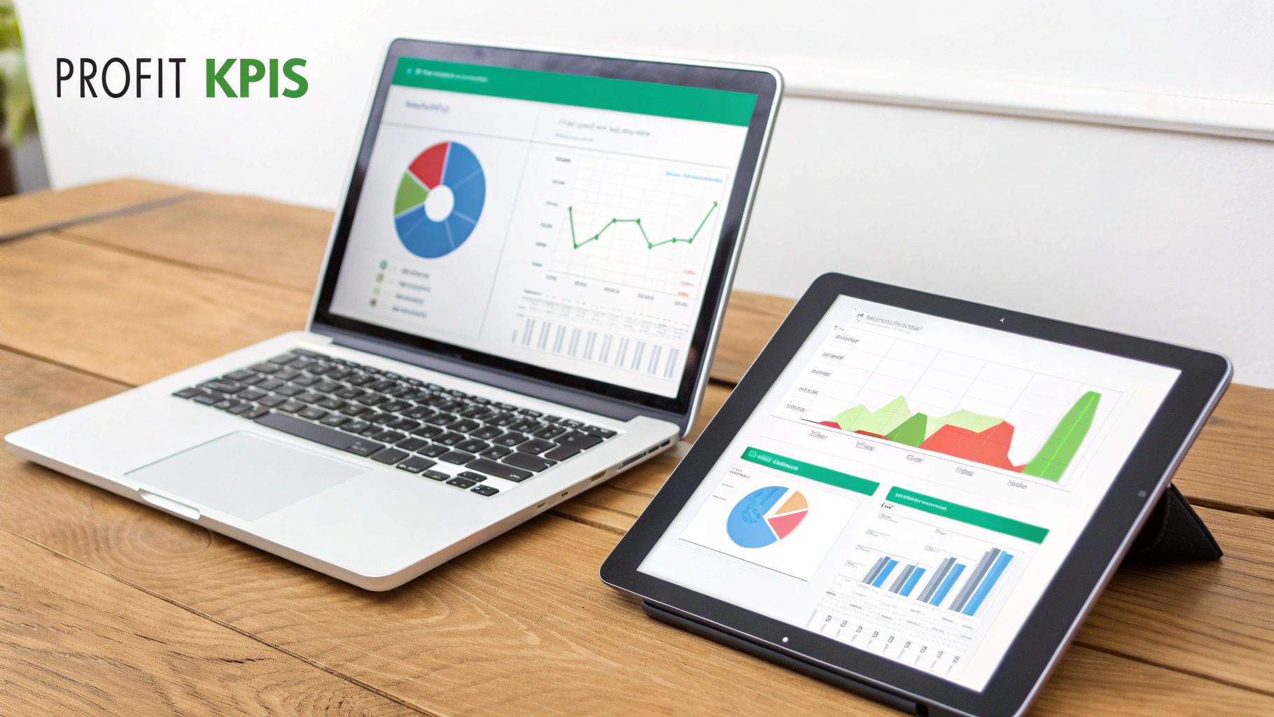 Laptop and tablet displaying business dashboards with profit KPIs, charts, and graphs on a wooden desk.