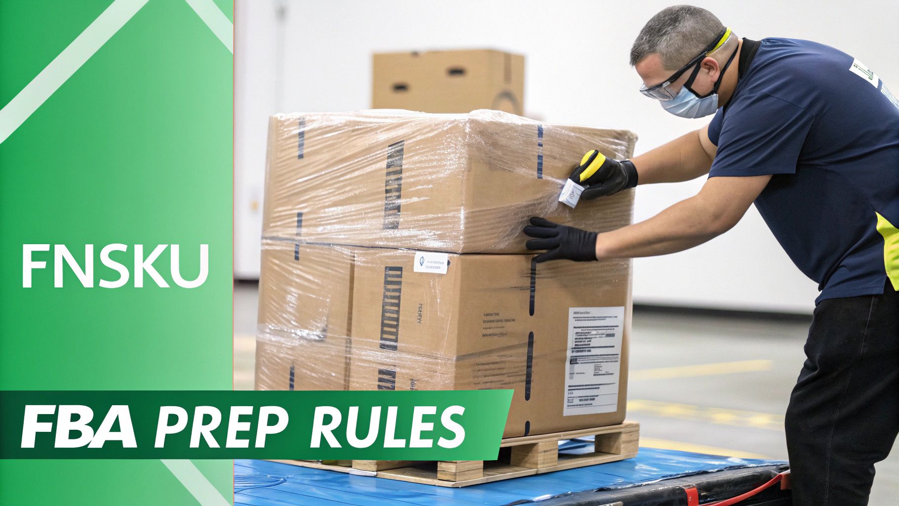 A warehouse worker applies labels to a stack of shrink-wrapped boxes on a pallet, ready for FBA.