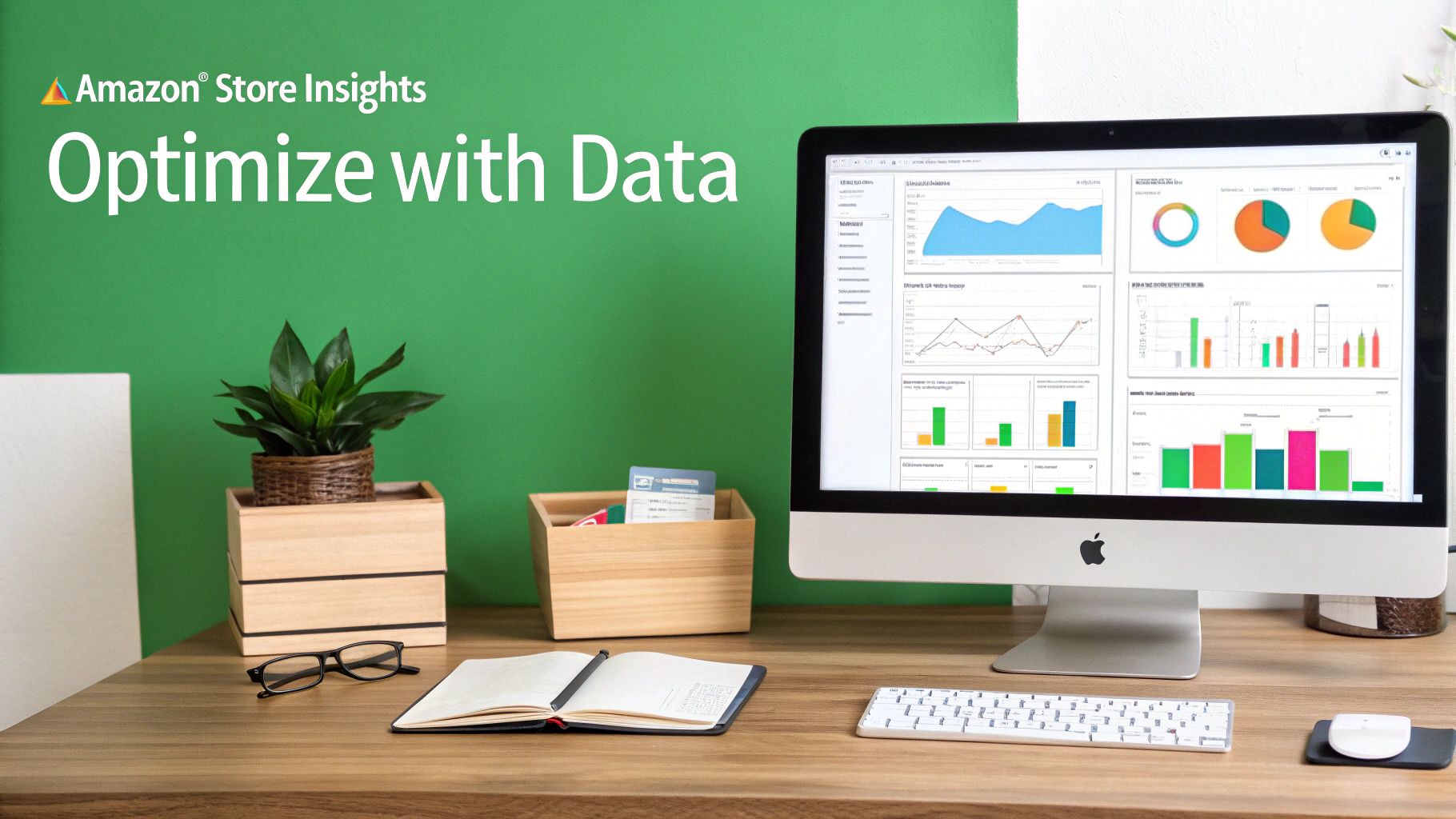 A clean workspace featuring an iMac displaying Amazon data analytics, a plant, a notebook, and eyeglasses.