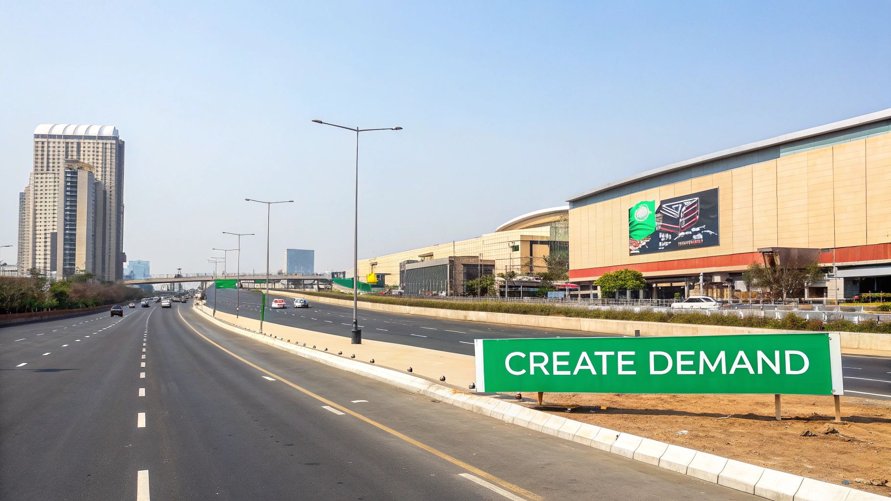 A highway with cars, skyscrapers, a large building, and a green billboard saying "CREATE DEMAND".