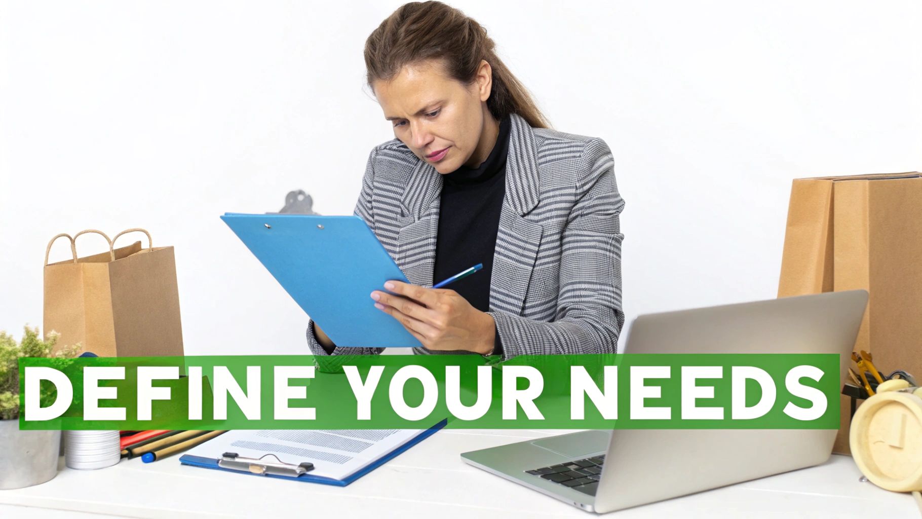 A woman writing on a clipboard at a desk with a laptop, shopping bags, and 'DEFINE YOUR NEEDS' text.