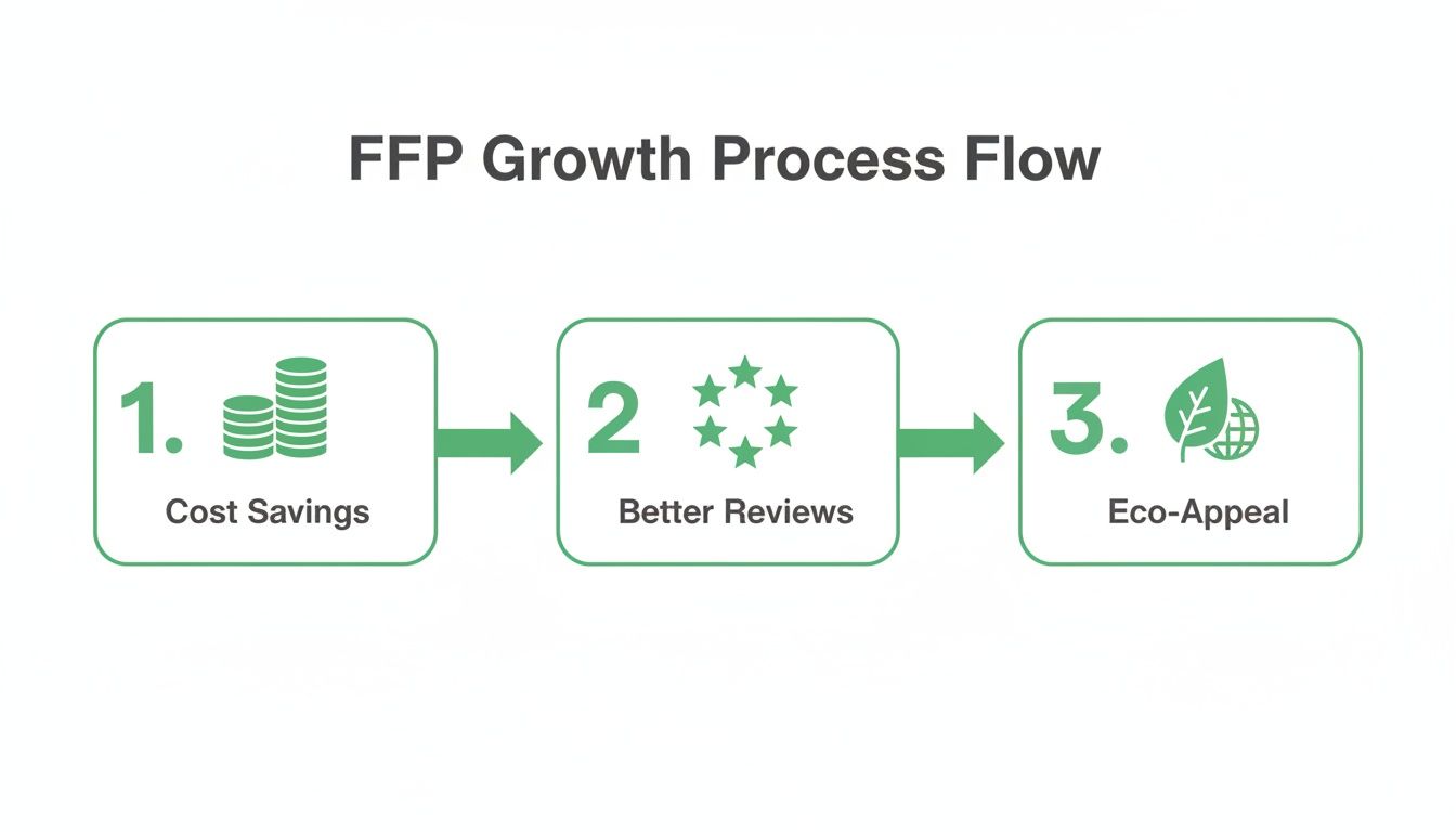 An infographic illustrating the FFP Growth Process Flow with three steps: Cost Savings, Better Reviews, and Eco-Appeal.