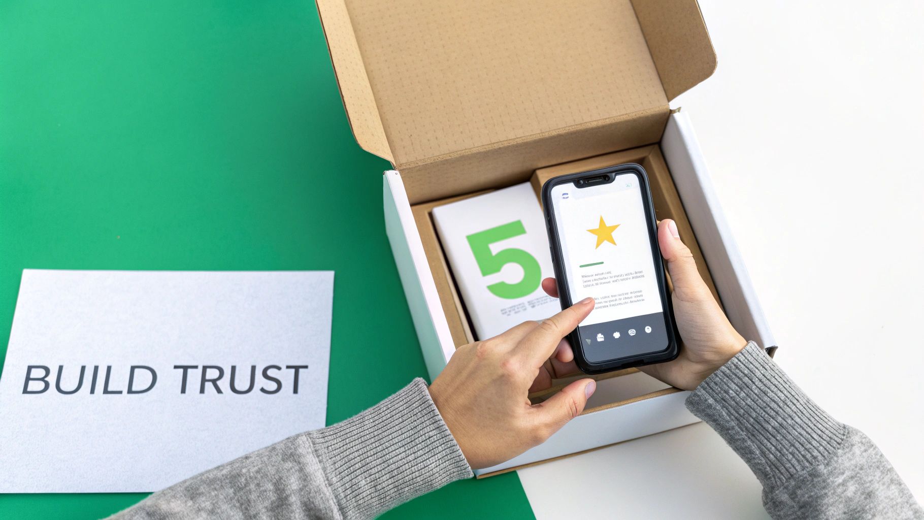 Person using a smartphone displaying a star rating, next to a box and 'BUILD TRUST' paper.