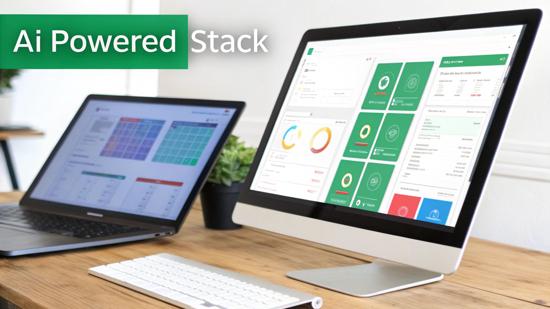 A laptop and a desktop monitor display complex data dashboards on a wooden desk with a keyboard, featuring an 'AI Powered Stack' banner.