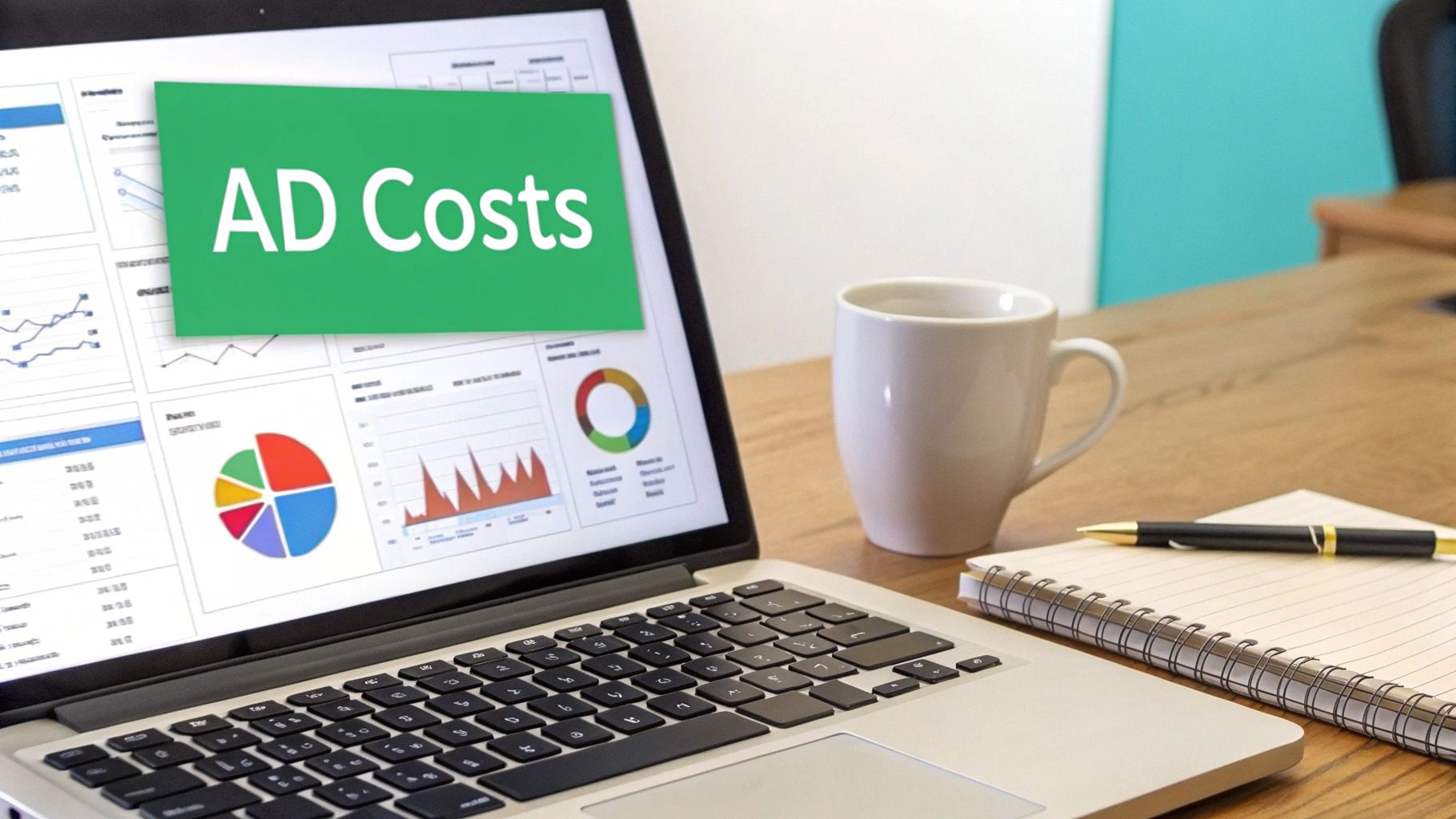 A laptop displaying a green banner with "AD Costs" and various business graphs on a wooden desk with a coffee mug and notebook.