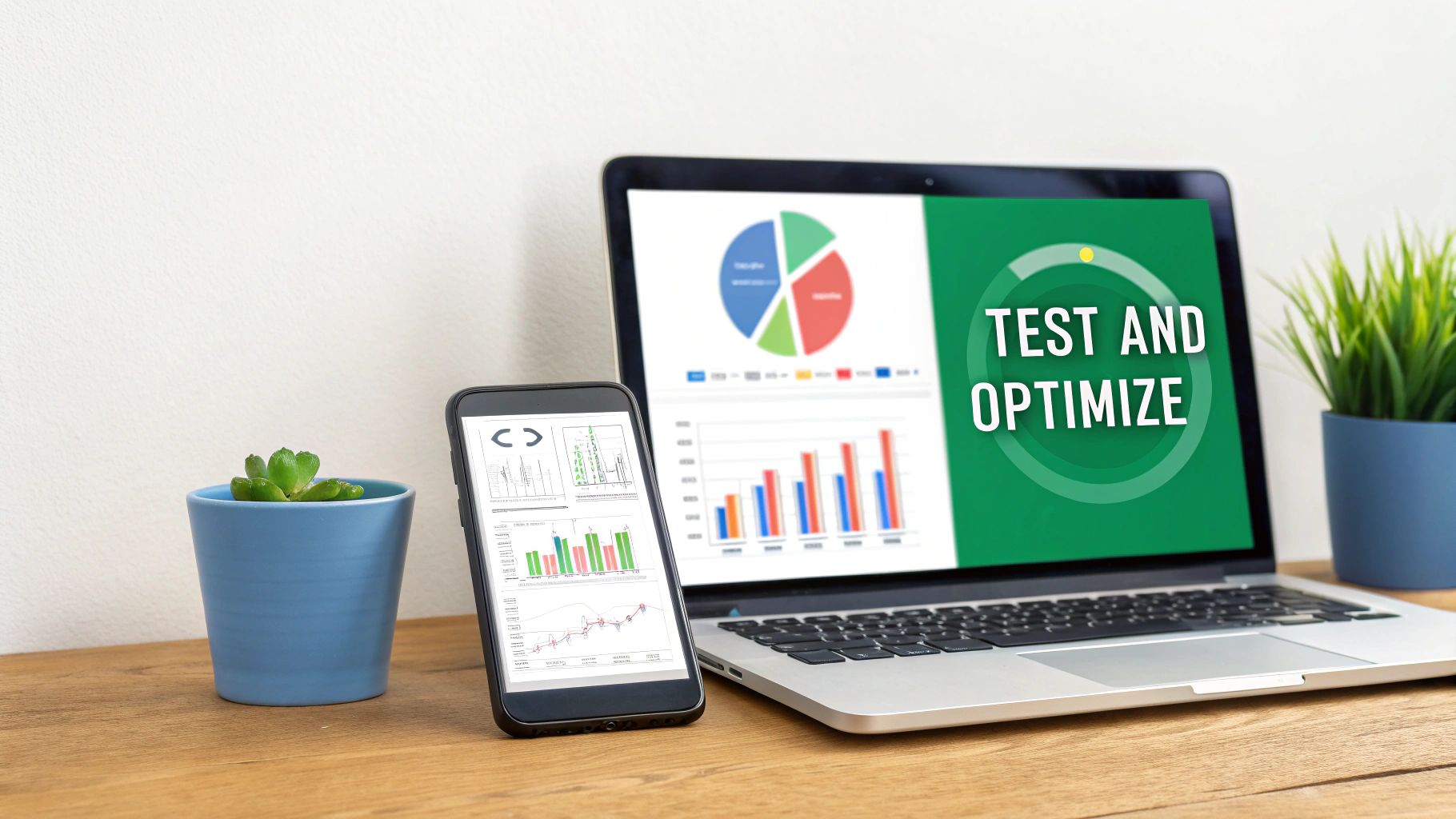 A laptop and smartphone display various data charts and graphs, with 'TEST AND OPTIMIZE' text.
