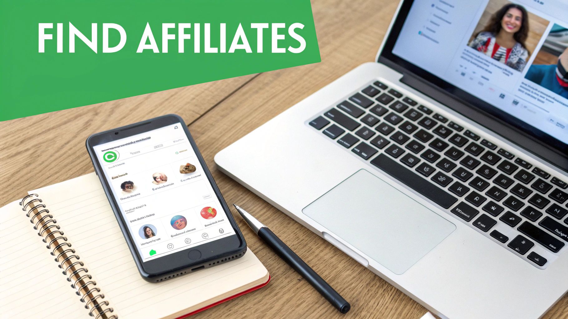 Workspace with laptop, phone showing profiles, notebook, pen, and 'FIND AFFILIATES' text on a green banner.